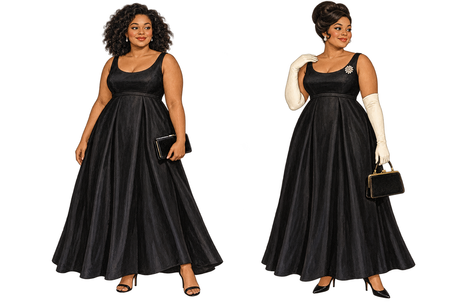 The same black dress styled in a modern way and with 1962 finishing touches