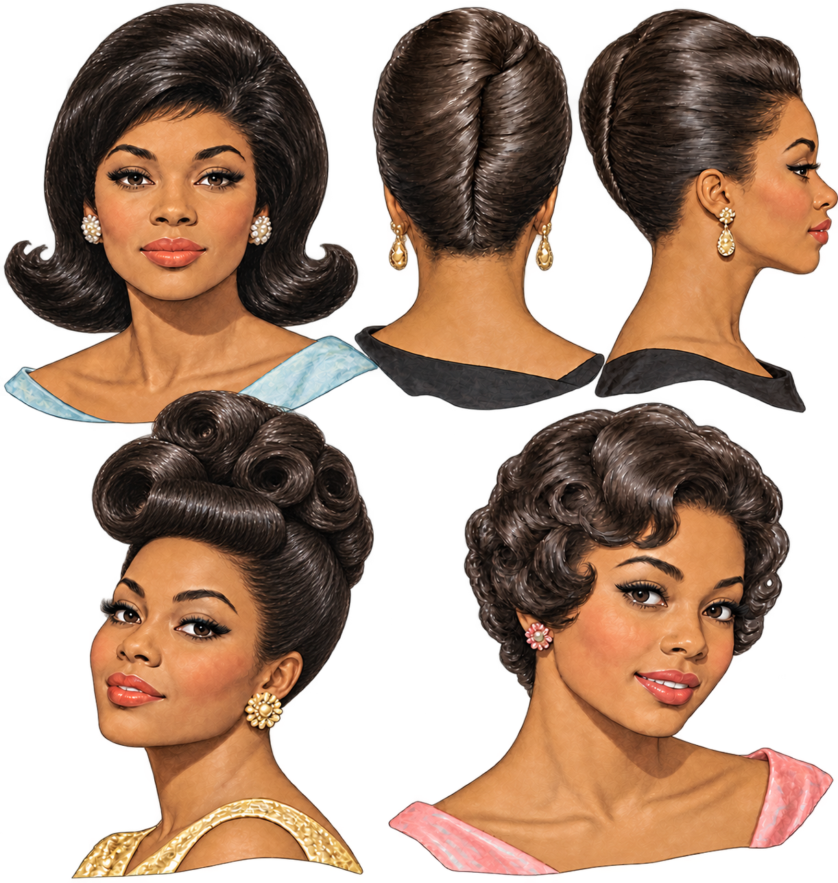 Four distinct early 1960s hairstyles on Black women
