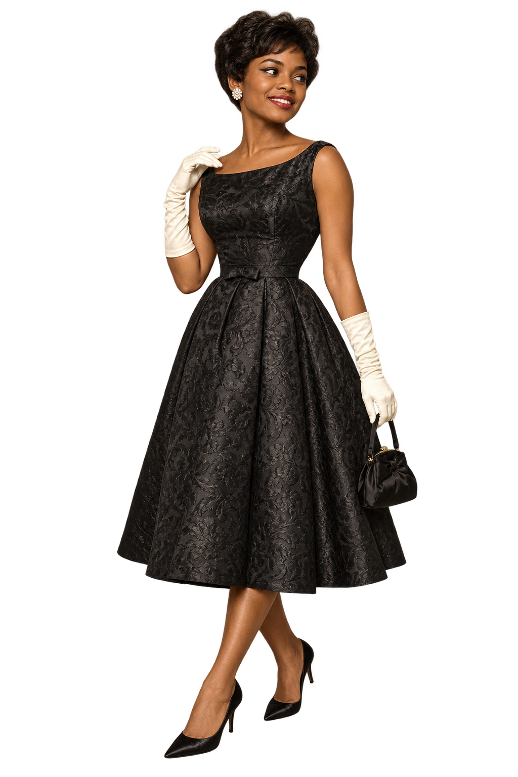 Petite Black woman in a calf-length black brocade evening dress