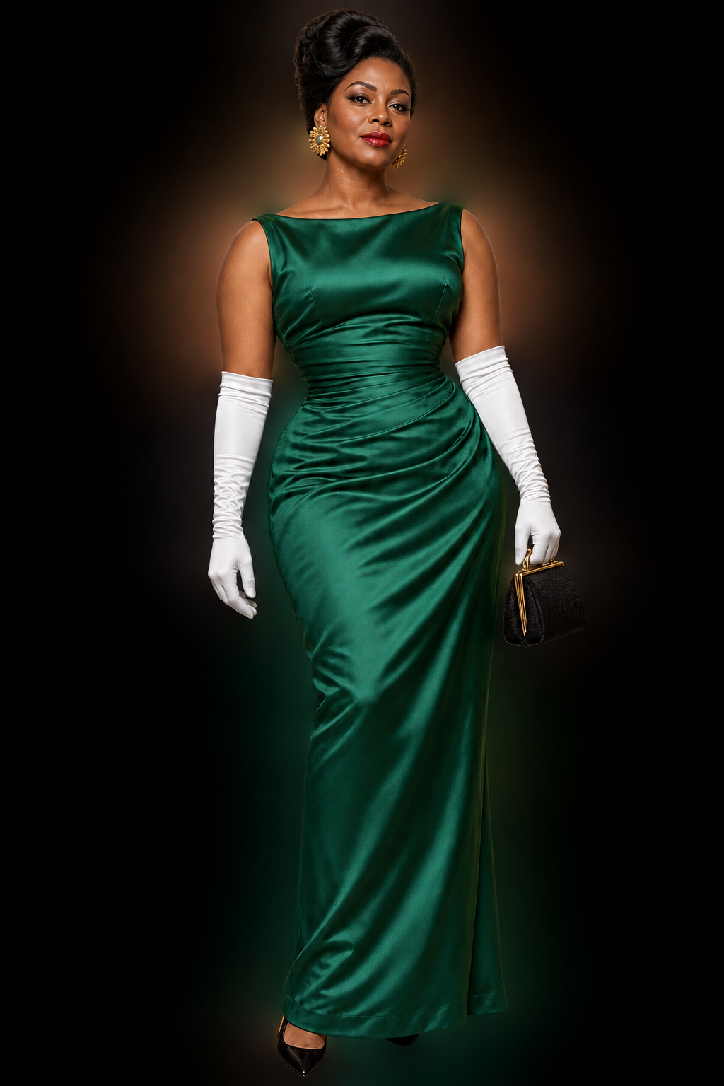 Curvy Black woman in an emerald sculpted column gown