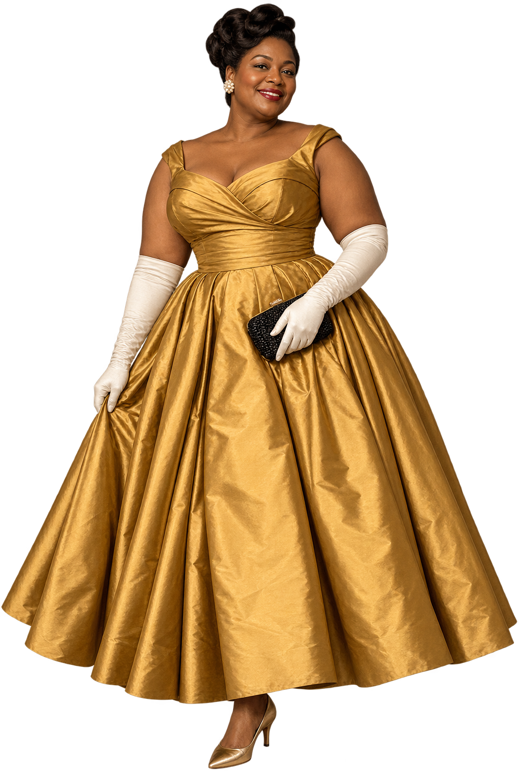 Fuller-figured Black woman in a gold full-skirted evening gown