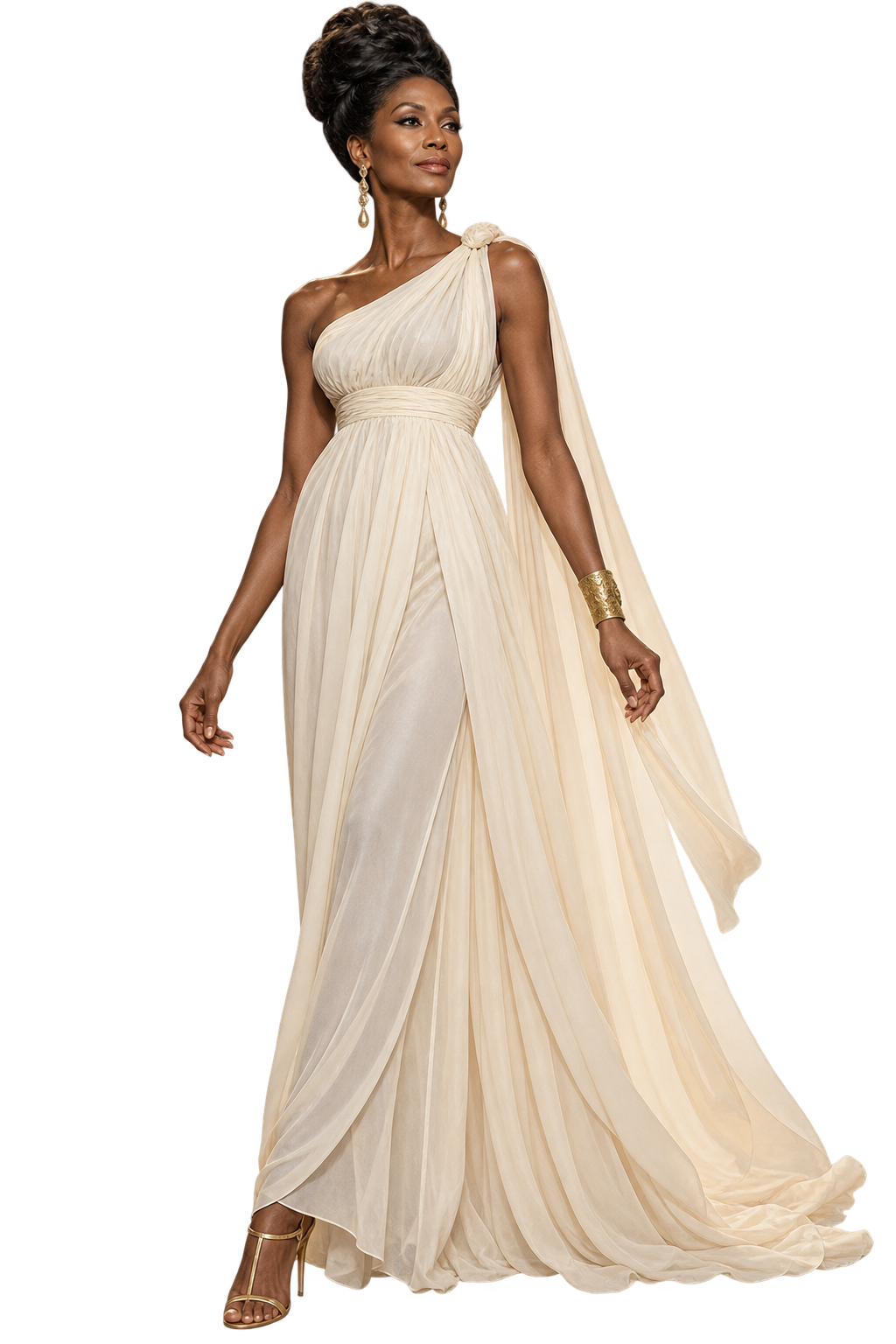 Tall mature Black woman in an ivory Grecian evening gown